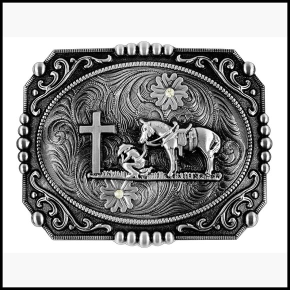 Zinc Alloy Western Belt Buckle with Cross Cowboy and Horse Design main image 4